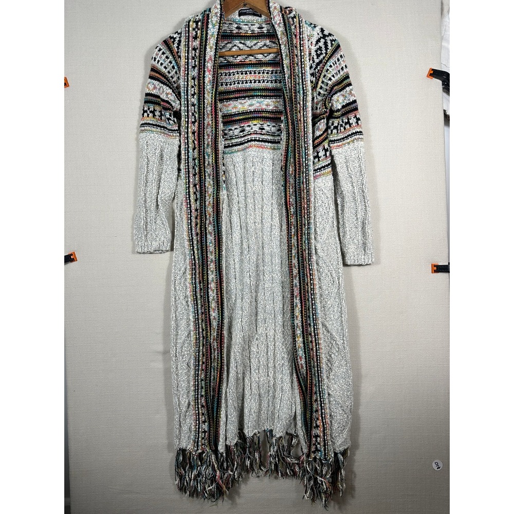 In the Beginning Duster Cardigan Womens Small Grey Multi Color Excellent Fringe